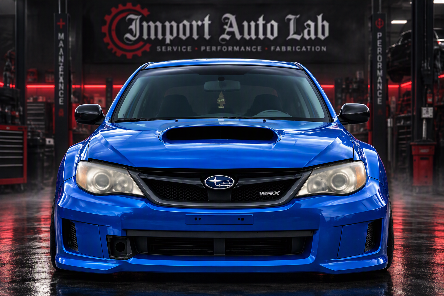 Blue Subaru WRX front view